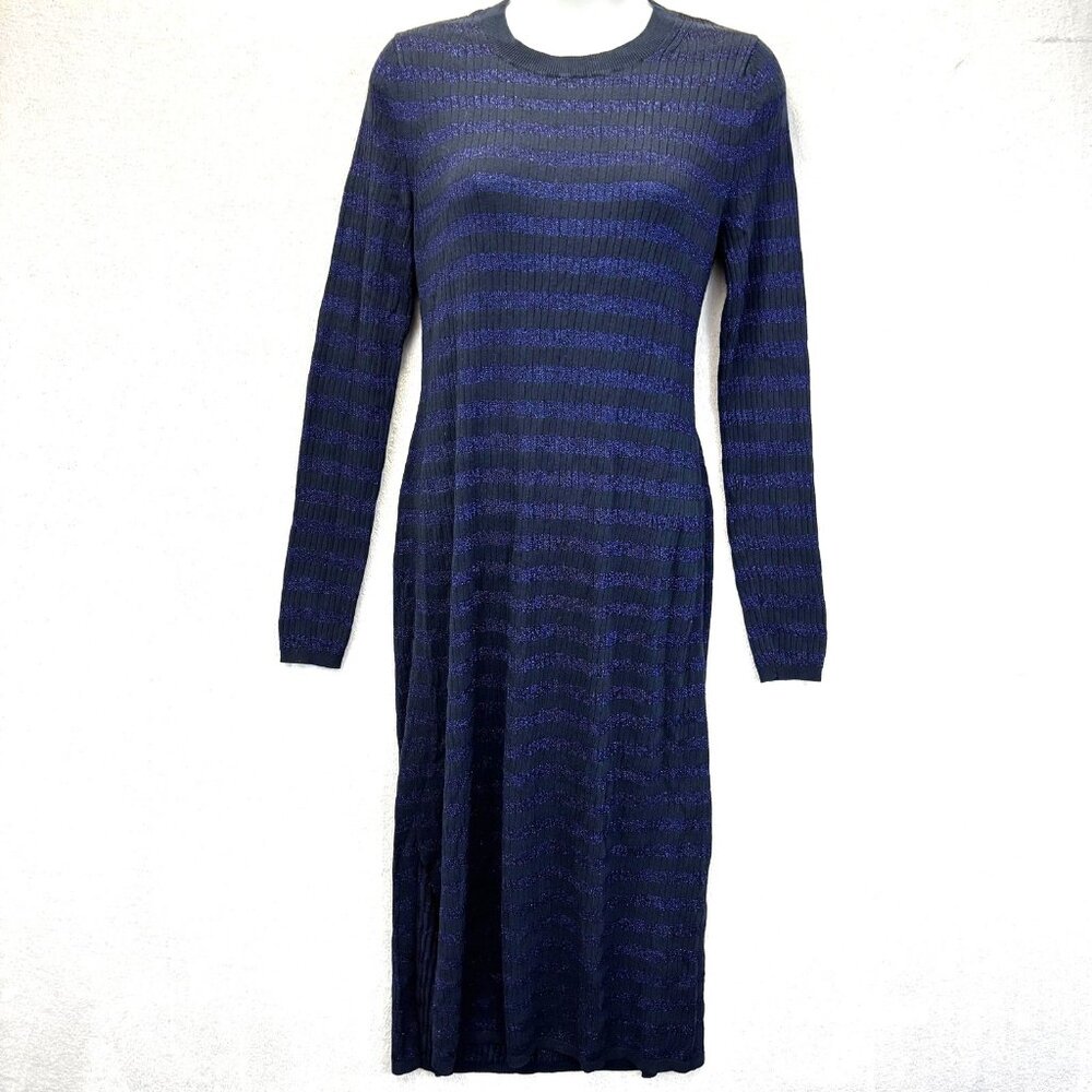 Banana Republic Ribbed Metallic Stripe Midi Dress Medium Tall MT Navy Blue